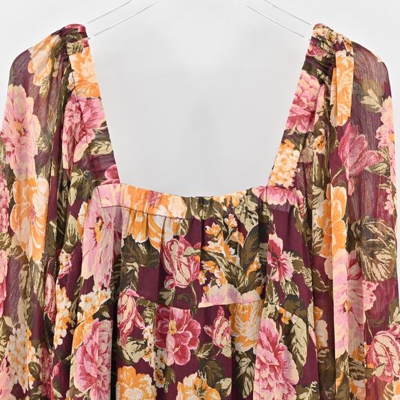 EN CREME Floral Boho Dress Size L Tiered Ruffle Balloon Sleeve Square Neck Retro - Picture 12 of 13